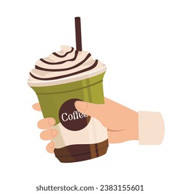 Hand with plastic glass with cold drink. Take away. Vector graphic.