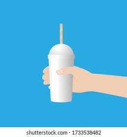 Hand is holding​ a plastic transparent disposable cup. A cold soft drink. illustration isolated on blue background