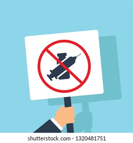 Hand with a plate against a vaccine, vector, illustration