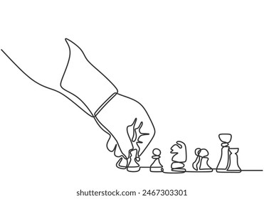 Hand play chess on board in one continuous single line art drawing style isolated on white background.