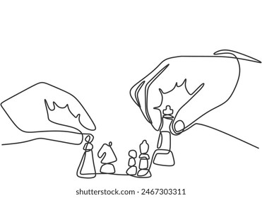 Mano jugar ajedrez a bordo en una sola línea continua estilo de dibujo de arte aislado sobre fondo blanco.