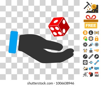 Hand Play Dice icon with bonus bitcoin mining and blockchain images. Vector illustration style is flat iconic symbols. Designed for blockchain software.