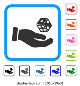 Hand Play Dice icon. Flat gray pictogram symbol in a blue rounded squared frame. Black, grey, green, blue, red, pink color versions of hand play dice vector.