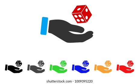 Hand Play Dice icon. Vector illustration style is a flat iconic hand play dice symbol with grey, yellow, green, blue, red, black color versions. Designed for web and software interfaces.