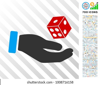 Hand Play Dice pictograph with 700 bonus bitcoin mining and blockchain pictograms. Vector illustration style is flat iconic symbols designed for blockchain software.