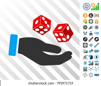 Hand Play Dice playing cards pictogram with bonus bitcoin mining symbols. 