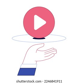 Mano con icono de juego. Símbolo web de juego, medios, digital, reproductor, música, interfaz, video sobre fondo blanco. Ilustración vectorial.