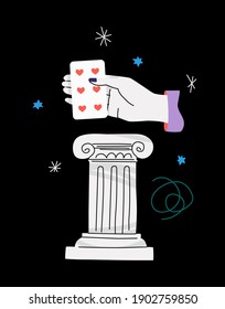 Hand with playing card and greek ionic column over black background. Trendy colored flat design about card games and tricks in our life.