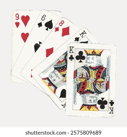 A hand of playing cards featuring a King of Clubs, 9 of Hearts, 6 of Spades, 8 of Diamonds, and King of Clubs. Classic playing cards for games and fun. Vintage art drawing, isolated vector.