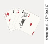 Hand of playing cards showing four aces and a six of diamonds. Cards include ace of spades, ace of clubs, ace of hearts. Playing cards, aces, poker hand. Vintage illustration isolated, vector.