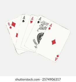 Hand of playing cards showing four aces and a six of diamonds. Cards include ace of spades, ace of clubs, ace of hearts. Playing cards, aces, poker hand. Vintage illustration isolated, vector.