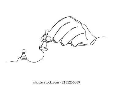 Hand playing chess continuous line drawing. Business strategy ilustration in line art style.