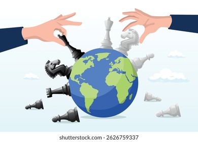 Hand playing chess to win geopolitics trade war, Geopolitics world country trade alliance, diplomacy with superpower nations, relationship or negotiation for trade war, tariff or sanction concept