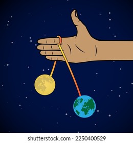 Hand playing Clackers Ball or Latto latto traditional toy. Earth and moon latto latto concept on space background 