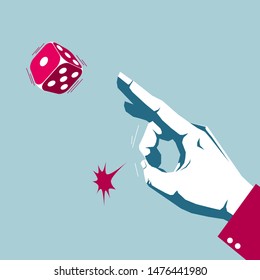Hand playing dice, gambling behavior. Isolated on blue background.