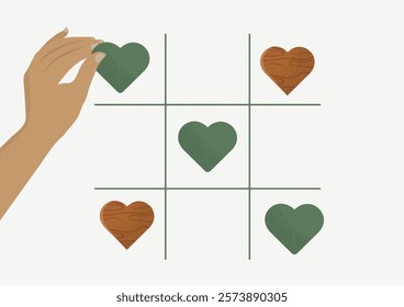 Hand Playing Nature-Themed Tic Tac Toe Heart Game. eco-friendly tic tac toe game with wooden and leaf heart pieces. Eco-friendly love concept. Valentines day. Flat style. Vector illustration