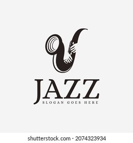 Hand playing saxophone, jazz logo icon vector template on white background,with negative space design style