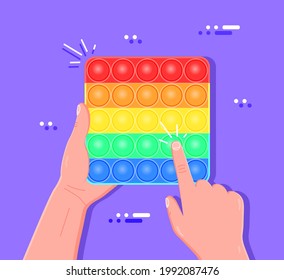 Hand playing with simple dimple toy anti stress. Man tap in toy. Beauty hand with popular anti stress toy. Vector illustration eps 10 concept.