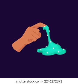 Hand playing with sticky and gooey slime toy, flat vector illustration isolated on dark background. Green and shiny homemade slime for kids.