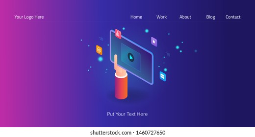 Hand playing video, concept of viral video, social media video sharing - 3D, isometric vector illustration with icons and texts