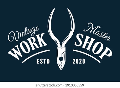 Hand plier for wood craft workshop. Logo with tool or equipment for repair, construction, carpentry work