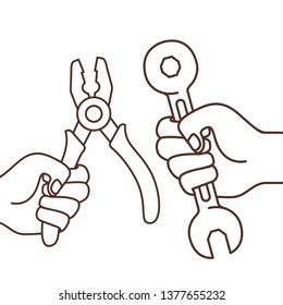 hand with plier and wrench isolated icon