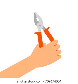 Hand with pliers isolated on the white background, vector flat illustration