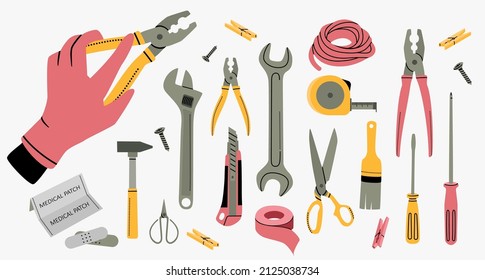 Mano con aplicadores y herramientas de construcción conjunto de clipart vector aislado sobre fondo blanco.