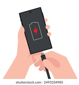 Hand plug in a charging cable to smartphone, Display mobile charging screen interface.