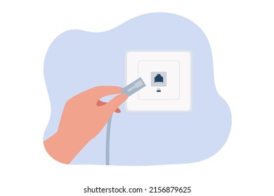 Hand plugging internet cable into wall socket. Network cable, Wi-Fi connection flat vector illustration. Internet, technology concept for banner, website design or landing web page - Shutterstock ID 2156879625