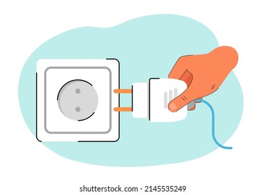 Hand plugging plug into socket flat vector illustration. Electricity, connection, energy, consumption, circuit concept for banner, website design or landing web page