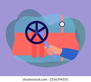 Hand of plumber tightening valve with pipe wrench. Technician fixing pipeline flat vector illustration. Maintenance, repair service concept for banner, website design or landing web page