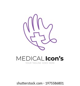 Hand and plus logo with line design medical, line style