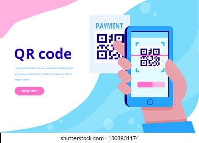 Hand with pnone. QR code concept illustration of man scanning barcode using mobile smartphone for online shopping and payment.  Flat vector illustration.