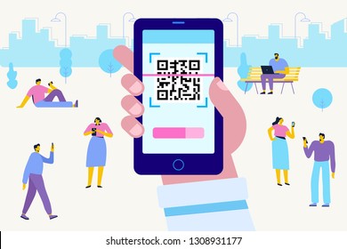 Hand with pnone. QR code concept illustration of man scanning barcode using mobile smartphone for online shopping and payment.  Flat vector illustration.