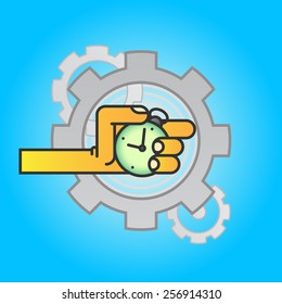 Hand with pocket watch, gear, vector background