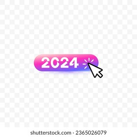 Hand poiner click on 2024 numbers, vibrant and innovative gradient color of button design. Perfect for tech-savvy individuals looking for a bold, playful graphic. Vector illustration.