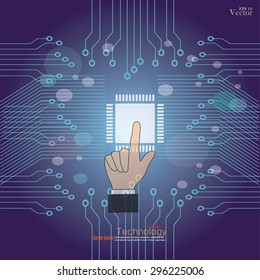 hand point circuit board abstract background with chip in the center.PCB board.microchip with line circuit.vector illustration.

