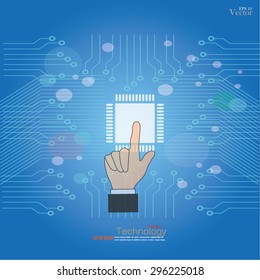 hand point circuit board abstract background with chip in the center.PCB board.microchip with line circuit.vector illustration.