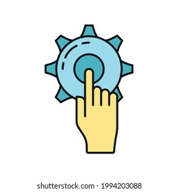Hand point click setting gear online digital technology icon, setup online database cloud outline flat vector illustration, isolated on white. Concept web tool info, remote server data retrieval.