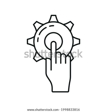 Hand point click setting gear online digital technology icon, setup online database cloud outline flat vector illustration, isolated on white. Concept web tool info, remote server data retrieval.