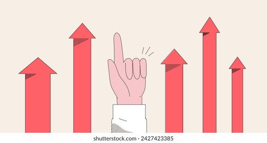 Hand point direction with finger. Arrows growth or rising up to destination. Concept of progress, future investment, business leadership and different ways and strategies. Financial and economic  grow