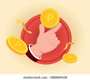 The hand of the point man illustration set. finger, gold, luck, bank. Vector drawing. Hand drawn style.