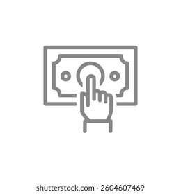 Hand point at a money bill line icon. Payment with money symbol. Vector illustration.