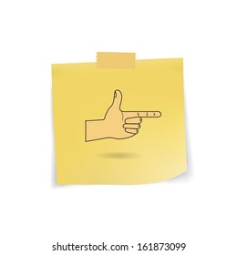 hand point right icon on yellow sticky note paper and tap isolated on blank background with shadow,vector