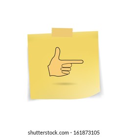hand point right icon on yellow sticky note paper and tap isolated on blank background with shadow,vector