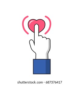 Hand with pointed finger on heart button. Facebook hand on Like button vector icon on white background. Love heart sign under signal finger. Human hand with pointed finger in flat style. Heart signal