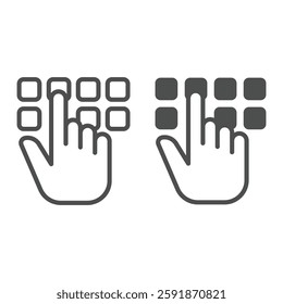Hand pointer with buttons line and solid icon, hacker attacks concept. Vector graphics. Pin code button push and hand finger sign on white background, outline style icon for mobile or web design
