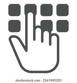 Hand pointer with buttons solid icon, hacker attacks concept. Vector graphics. Pin code button push and hand finger sign on white background, glyph style icon for mobile or web design