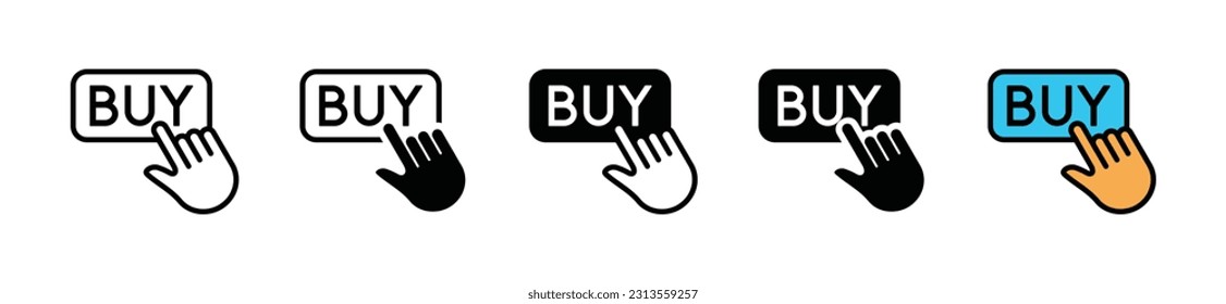 Hand pointer clicking buy button icon set. Click to buy, purchase, buying icon in line, flat, and color style for apps and websites. Vector illustration